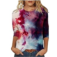 Tie Dye Shirts for Women 3/4 Sleeves Color Block Tee Tops Crew Neck Tunic Blouse Fall Summer Clothing Loose Fit