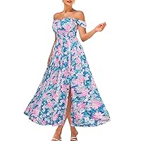 GRACE KARIN 2024 Women's Summer Floral Print Flowy A Line Dresses Sleeveless Smocked Off Shoulder Maxi Dress