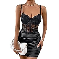 Dresses for Women - Contrast Lace Ruched Bustier Satin Cami Bodycon Dress