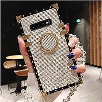 for Samsung Galaxy s10 Plus Luxury Bling Glitter Sparkle Cute Gold Square Corner Soft Shock-Absorption Phone Holder Case Cover with Strap - Silver