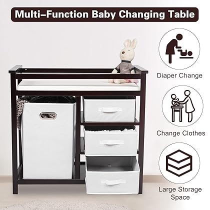 KINBOR BABY Changing Table Infant Diaper Station Nursery Organizer with Hamper and 3 Baskets