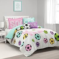 Lush Decor Girls Soccer Kick Reversible Oversized 5 Piece Comforter Set, Full/Queen, White & Turquoise