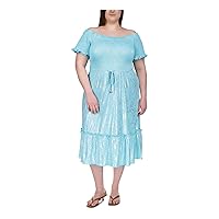 Michael Michael Kors Women’s Plus Size Foil-Print Smocked Midi Dress in Turquoise 2X