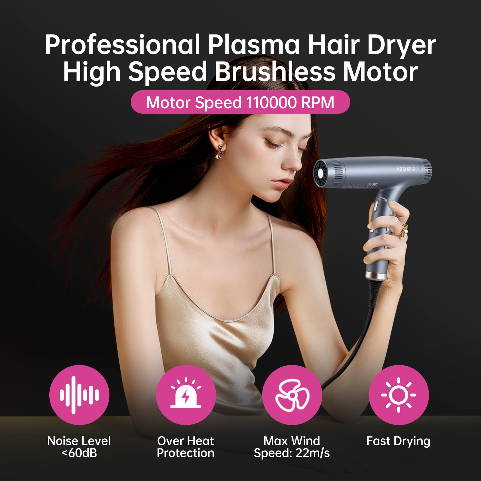 Arsupen Professional Hair Dryer with Powerful Brushless Motor, Lightweight Foldable Dual Ionic Blow Dryer, High Speed for Fast Drying with Magnetic Nozzle, 12 Modes, Super Quiet, for Travel Salon Home