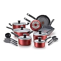 T-fal Initiatives Nonstick Cookware Set 18 Piece, Oven Broiler Safe 350F, Kitchen Cooking Set w/ Fry Pans, Saucepans, Saute Pan, Dutch Oven, Griddle, Pots and Pans, Home, Dishwasher Safe, Red
