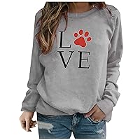 Womens Love Dog Paw Long Sleeve T-Shirt Dog Mom Funny Tees Letters Print Crew Neck Casual Loose Pullover Tops