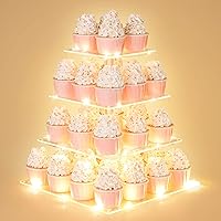 4 Tier Cupcake Stand with LED String Light, Acrylic Cupcake Display Stand, Square Cupcake Tower Holder, Cup Cake Stand for Birthday, Wedding, Baby Shower, Party