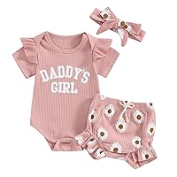 Tsnbre Newborn Infant Baby Girl Clothes Mamas Girl 3PC Summer Outfit Set Ruffle Short Sleeve Romper Floral Shorts Headband