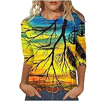 3/4 Sleeve T Shirts for Women Western Ethnic Style Print Tops Retro Crew Neck Tees Regular Summer Daily Blouses