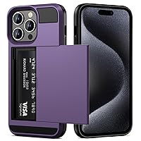 Vofolen for iPhone 15 Pro Max Case with Card Holder, Dual Layer Shockproof Wallet Phone Case, Hidden Sliding Card Slot Protective Slim Case for iPhone 15 Pro Max, 6.7'' Grey Purple