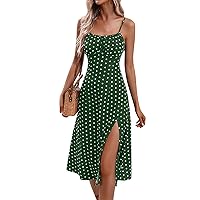 Women Sundresses Spaghetti Strap Dresses for Women Floral Print Casual Pretty Sexy Slit Slim with Sleeveless Low Neck Beach Dress Green XX-Large