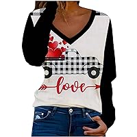 Color Block Valentine's Day Shirts Women Love Heart Arrow Print Tops 2024 Long Sleeve V Neck Plaid Truck Tee Shirt