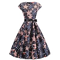 Women's Patriotic American Flag Sleeveless Swing Dress Summer Independence Day Vintage Dress July 4th Theme Sundress A Black