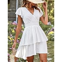 Dresses for Women - Swiss Dot Surplice Neck Butterfly Sleeve Two Layer Hem Dress (Color : White, Size : Large)