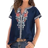 Women's Mexican Floral T Shirts Western Ethnic V Neck Short Sleeve Shirts Boho Embroidered Print Tee Tops