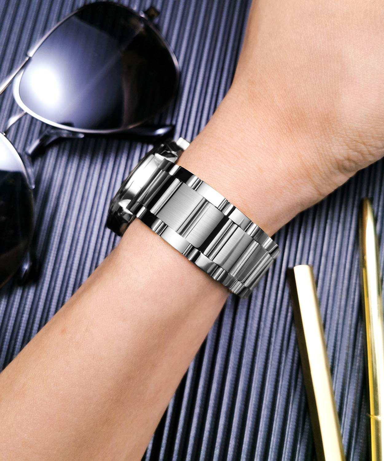 BINLUN Thick Stainless Steel Watch Band Metal Heavy Watch Bracelets Polished Matte Brushed Finish Watch Strap Replacement for Men Women 16mm/18mm/20mm/21mm/22mm/23mm/24mm/26mm