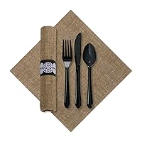 Hoffmaster 120006 FashnPoint Burlap CaterWrap with Print Dinner Napkin and Black Cutlery, Pre-Rolled, 15.5