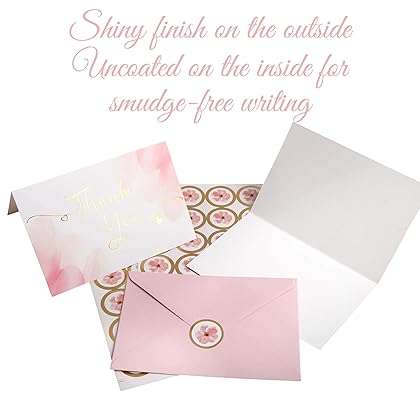 VNS Creations 40 Blush Thank You Cards | Watercolor Pink and Gold Foil Thank You Notes Perfect for Girl’s Baby Shower, Wedding & Bridal Showers | Blush Envelopes & Floral Foil Stickers Included.