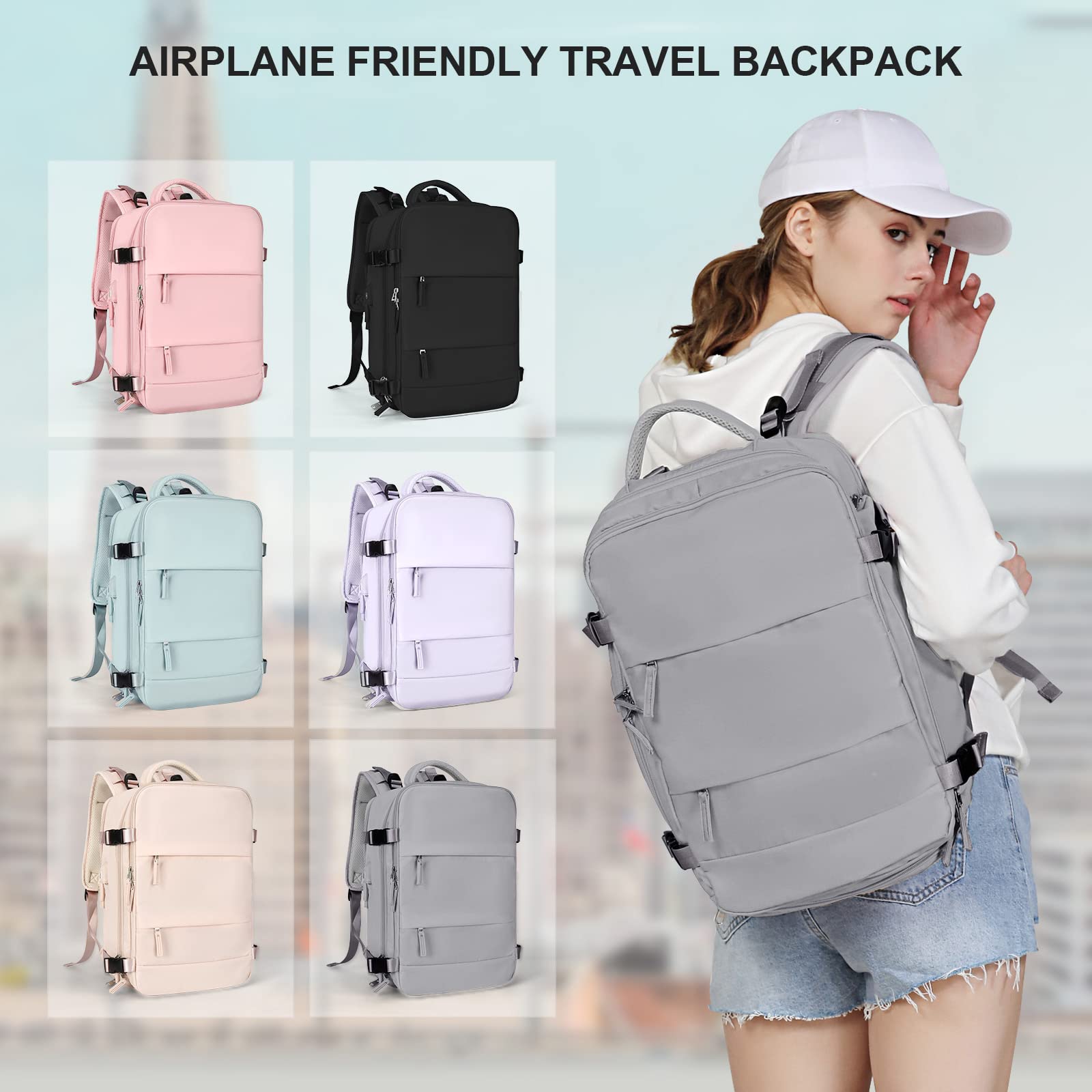 Large Travel Backpack Women, Carry On Backpack,Hiking Backpack Waterproof Outdoor Sports Rucksack Casual Daypack School Bag Fit 14 Inch Laptop with USB Charging Port Shoes Compartment color Grey