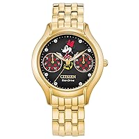 Citizen Eco-Drive Disney Quartz Women's Watch, Stainless Steel, Crystal, Minnie Mouse, Gold-Tone (Model: FD4018-55W)