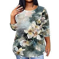 Oversized Tshirts for Women 2024 Summer 3/4 Sleeve Print Fashion Loose Fit with Round Neck Pockets Blouses