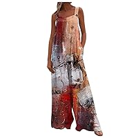 Women's Summer Rompers 2023 Printed Button Up Jumpsuit Casual Loose Sleeveless Rompers With Pockets Rompers