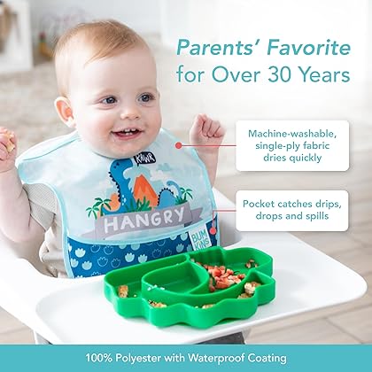 Bumkins Bibs for Girl or Boy, SuperBib Baby and Toddler for 6-24 Months, Essential Must Have for Eating, Feeding, Baby Led Weaning Supplies, Mess Saving, 3-pk Hangry, Dinosaurs, and Blue Tropic