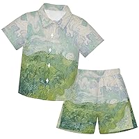 visesunny Toddler Boys 2 Piece Outfit Button Down Shirt and Short Sets Oil Painting Green Wheat Fields Boy Summer Outfits