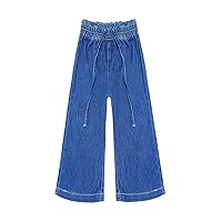 KIDSCOOL SPACE Kid Girl,Elastic Band Inside Ripped Slim Fit Denim Wide-Leg Jeans Pants