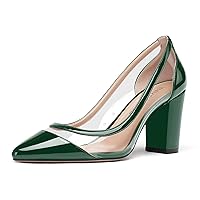 WAYDERNS Women's Patent Slip On Clear Transparent Pointed Toe Block High Heel Pumps Shoes 3.5 Inch