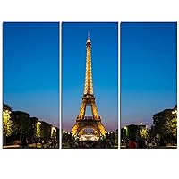 Designart Paris Eiffel Tower Night View with Lights-Cityscape Canvas Art Print-36x28in-Multipanel 3 Piece, 28'' H x 36'' W x 1'' D 3P, Blue