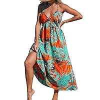 CUPSHE Women's Backless Paisley Floral Beach Dress Halter Neck Ruffle Plunging V Spaghetti Straps Maxi Summer Dresses