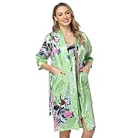 Women's Floral Satin Kimono Robe and Nightgown Set with Camisole 2 Piece Sleepwear Peacock Bathrobe