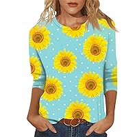 Womens 3/4 Sleeve Tops Crewneck Sunflower Printed Tees Trendy Comfy Shirts Loose Fit Casual Blouses Cute T-Shirt