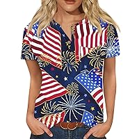 Patriotic 4Th of July Tops for Women 2024 Star Stripes Pullover USA Flag Print Vneck Short Sleeve Shirts Blouses
