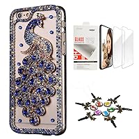 STENES Bling Case Compatible with iPhone 15 Pro Max Case - Stylish - 3D Handmade [Sparkle Series] Luxury Peacock Design Cover with Screen Protector [2 Pack] - Blue