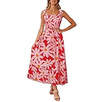 ZESICA Women's Boho Summer Floral Print Tie Straps Sleeveless Square Neck Smocked Flowy Ruffle A Line Maxi Dress
