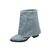 Fleece Lined Boots for Women Retro Novelty Round Toe Waterproof Warm Faux Plush Mid Heel Mid Calf Boots,JH115