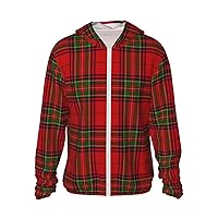 Men's Red-Scottish-Pattern Sun Protection Hoodie Shirt Long Sleeve Fishing Womens Uv Shirt Hiking