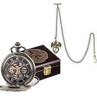 SIBOSUN Pocket Watch and Box Wodden Dragon Phonix Pattern Skeleton Pocket Watch Brown T-bar Chain with Dragon Pendant