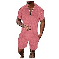 Mens Short Sets 2 Piece Outfits Short Sleeve Zipper Polo Shirts and Shorts Sets Classic Gym Workout Summer Tracksuits
