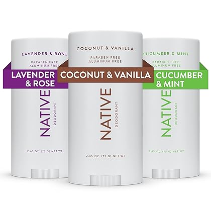 Native Deodorant | Natural Deodorant for Women and Men, Aluminum Free with Baking Soda, Probiotics, Coconut Oil and Shea Butter | Coconut & Vanilla, Lavender & Rose, Cucumber & Mint - Variety Pack of 3