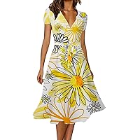 Women's Summer Short Sleeve Dress 2024 Wrap V Neck Loose Fit Casual Dress Tie Waist Floral Print Fashion Beach Dress