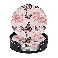 Butterfly Pink Printed Drink Coasters with Holder Leather Coasters Set of 6 Tabletop Protection Decorate Cup Mat for Coffee Table Bar Kitchen Dining Room
