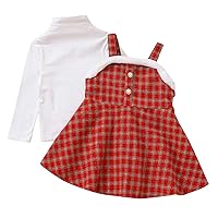 Mommy Blanket Toddler Baby Girls Two Piece Skirt Set Long Sleeve Knitted Tops Plaid Suspender Skirt (Red, 6-7 Years)