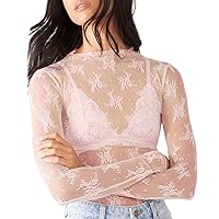 Womens Mesh Long Sleeve Tops Mock Neck Sheer Lace Floral See Through Shirts Blouse Fashion Party Top