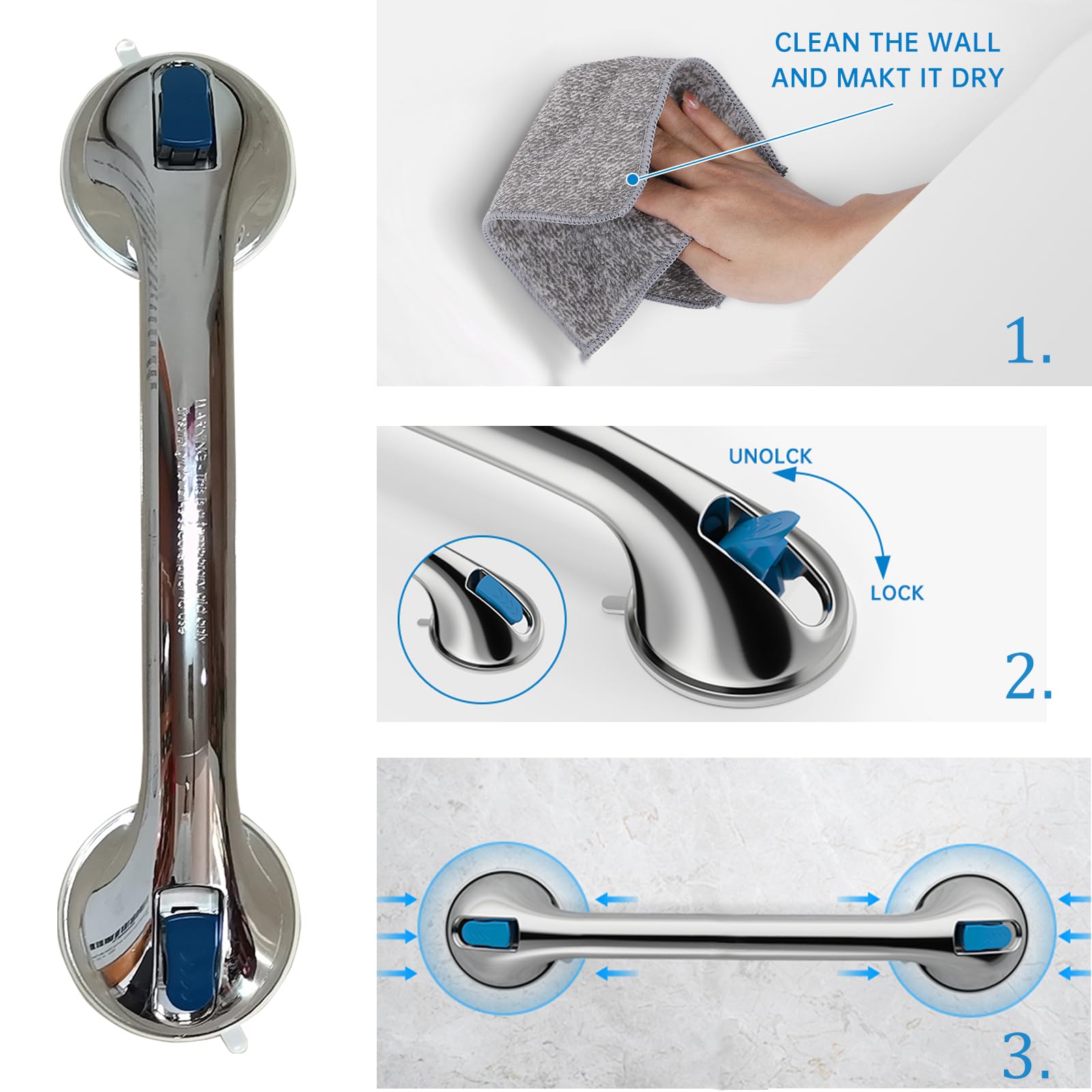 Shower Handle 16 inch Shower Grab Bar for Seniors and Elderly 2 Pack Strong Suction Cup Grab Bars for Bathroom and Showers Bathtub Grab Bar Waterproof, No Drilling Safety Assist Handle