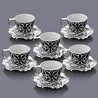 LaModaHome Espresso Coffee Cups with Saucers, Set of 6 Turkish Arabic Greek Coffee Cups for Women, Men, Guests or for Tea Party. Traditional Cappuccino Cups for Latte -black/white (silver-white)