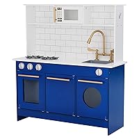 Teamson Kids Little Chef Berlin Kids Play Kitchen with 6 Kitchen Accessories, Wooden Play Kitchen Set for Toddlers with Subway Tile Backsplash, Gold Hardware, & Storage Shelves, Blue/White