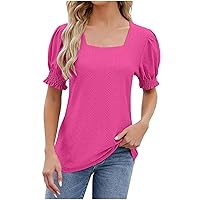 Womens Square Neck Summer Tops 2024 Short Sleeve Blouses Casual Eyelet Shirts Loose Fit Dressy Tunic T Shirt